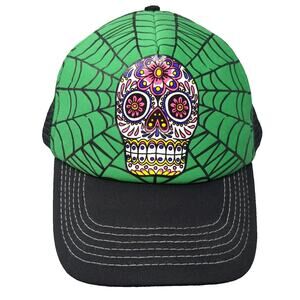 Hollywood Mirror Trucker Hat Green OSFM Sugar Skull Spiderweb Mesh Black Brim